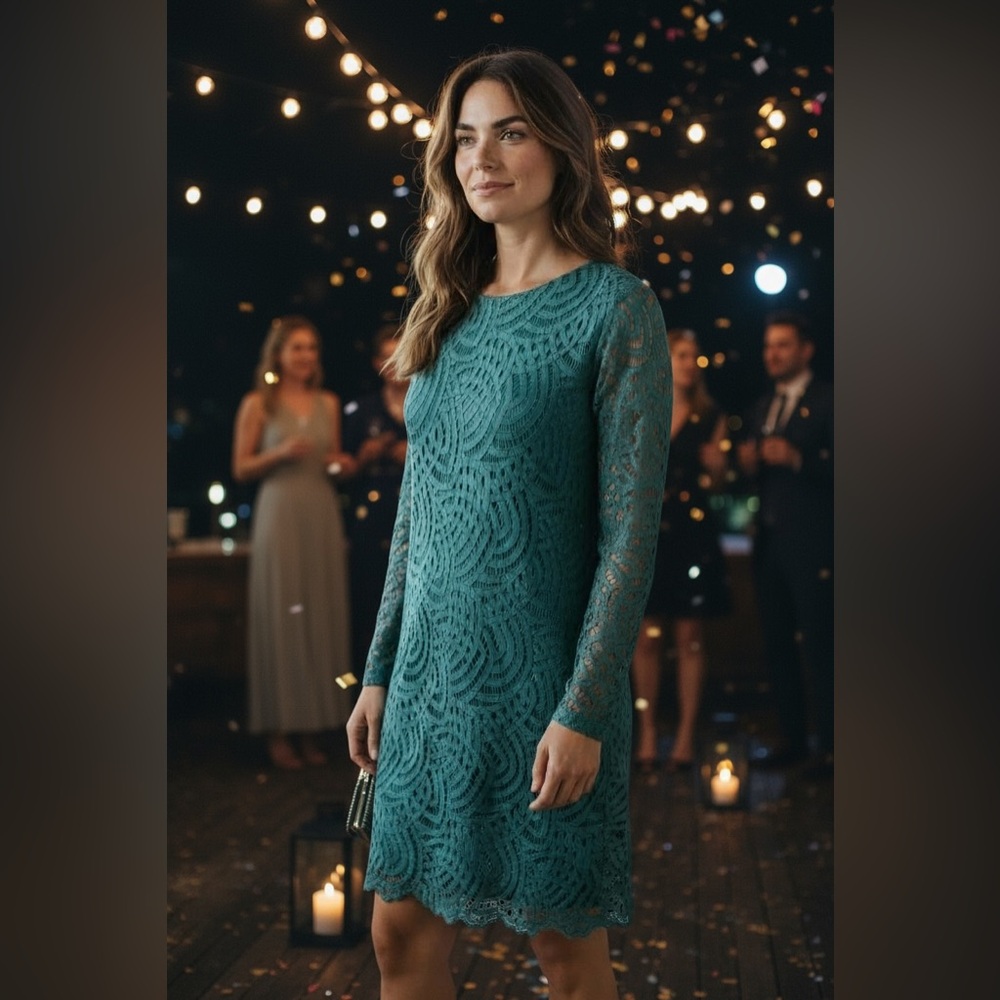 Boden Teal Lace Long-Sleeve Shift Dress